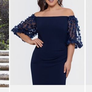 Xscape navy off the shoulder appliqué dress. Beautiful condition.